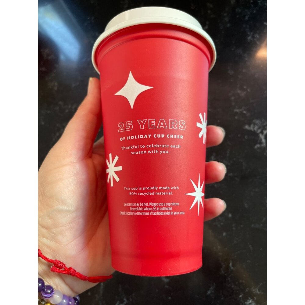 Starbucks 25 Years Anniversary Edition Cup With Lid Holiday Reusable Red 16 Oz - Picture 3 of 5